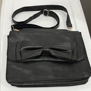 Black Crossbody Bag Bow Double Flap with Polka Dot Interior Faux Leather